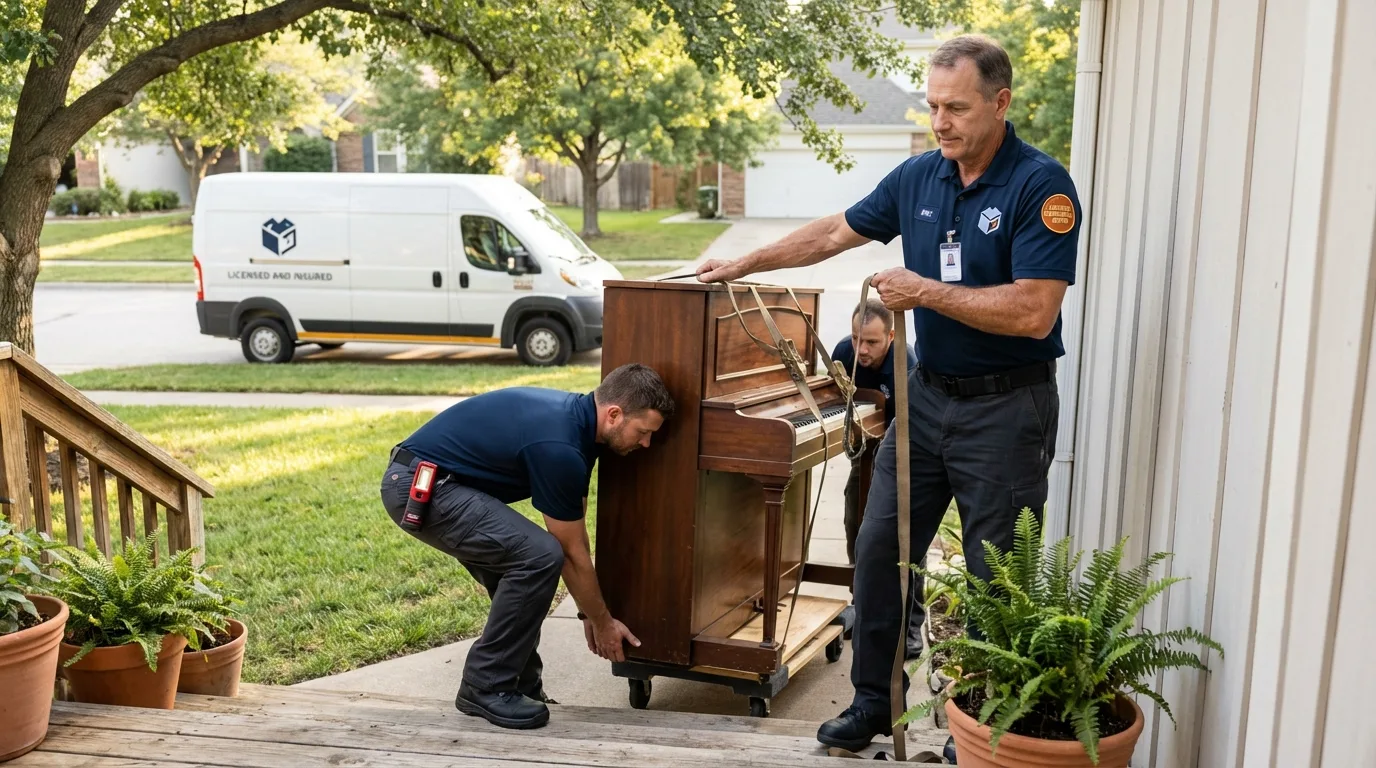 Licensed piano movers securing grand piano in Lawton, MI