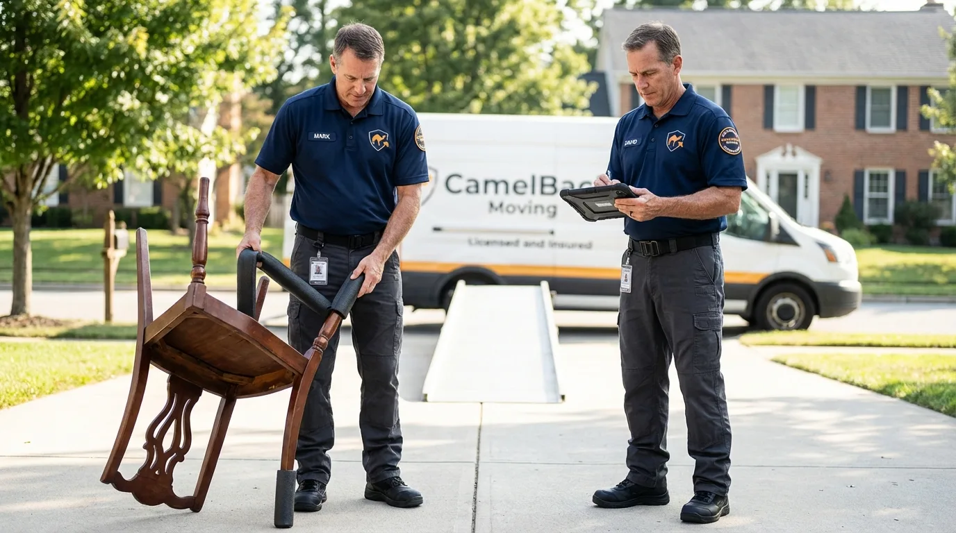 Movers inspecting furniture for damage prevention before loading in Lawton, MI