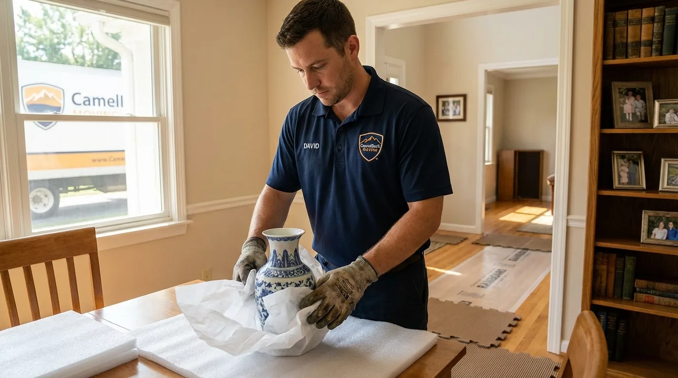 Professional crew carefully wrapping antique vase for senior downsizing move in Lawton, MI