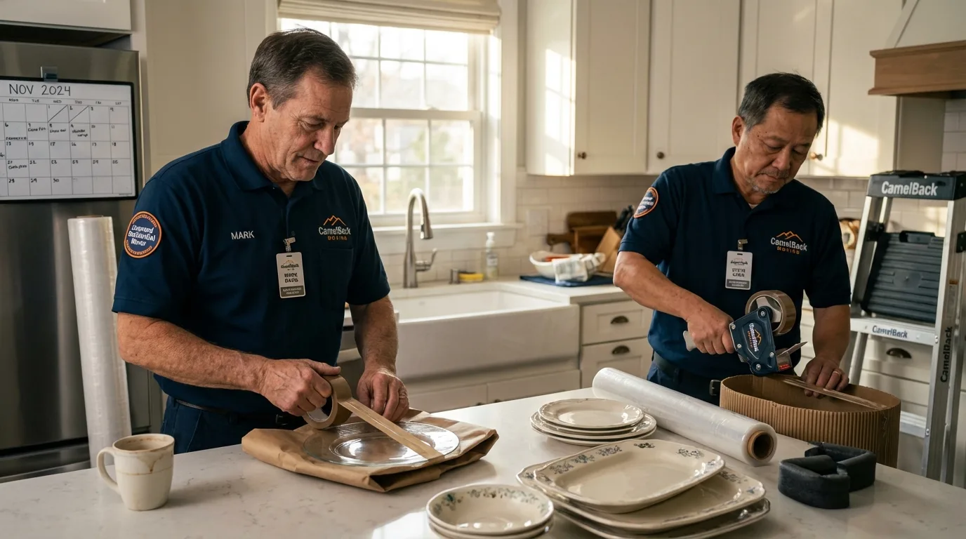 Professional crew packing kitchen dishware in Lawton, MI